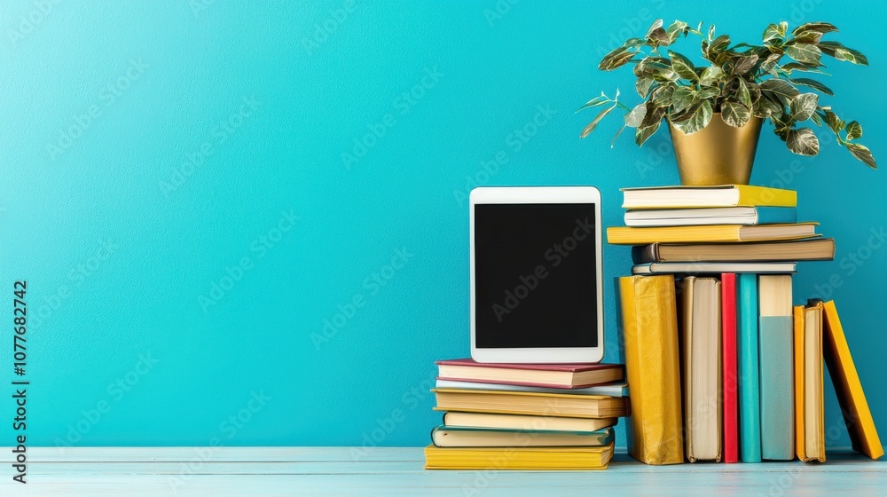Poster set up your ideal distance learning environment with essential books and technology devices for mode