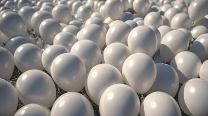 A vast array of white balloons fills a serene outdoor space under bright sunlight, creating a whimsical atmosphere for a festive celebration