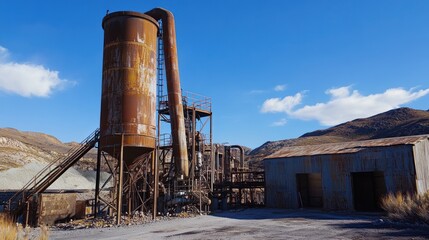 An old industrial site with a rusted silo and machinery under a blue sky.