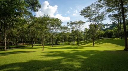 Obraz premium A serene landscape featuring lush green grass and trees under a clear blue sky.