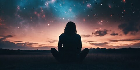 Silhouette of Woman Gazing at Starry Night Sky, Meditation, Hope, and Wonder