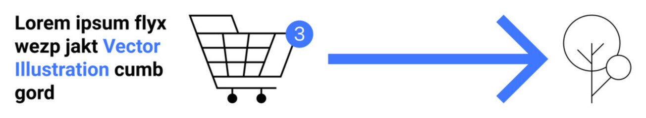 Shopping cart with a notification badge containing the number 3, pointing right with a blue arrow to a simplistic abstract tree icon. Ideal for e-commerce, shopping, notifications, process flow