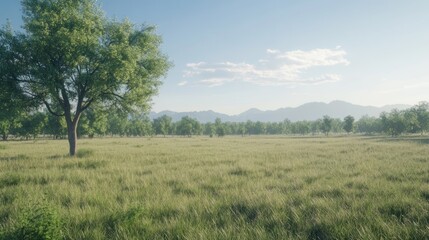 Obraz premium A serene landscape featuring lush grass, trees, and distant mountains under a clear sky.