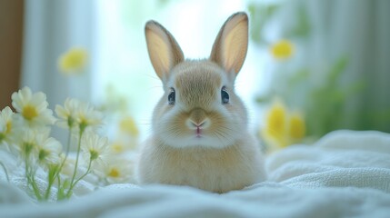 Obraz premium Cute bunny rabbit with big eyes and fluffy fur sits among white and yellow flowers on a white blanket.
