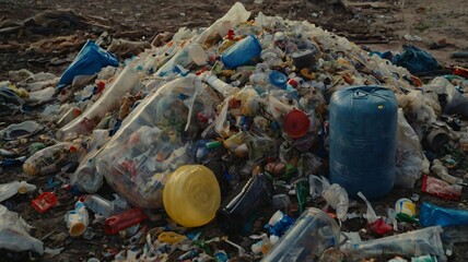Fototapeta premium A large pile of discarded plastics and waste in a rural area under a clear blue sky during daytime hours
