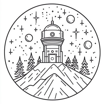A simple line art drawing of an observatory on top of a mountain, surrounded by stars and planets.