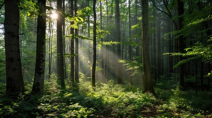 Obraz premium Sunbeams Filtering Through a Lush Forest