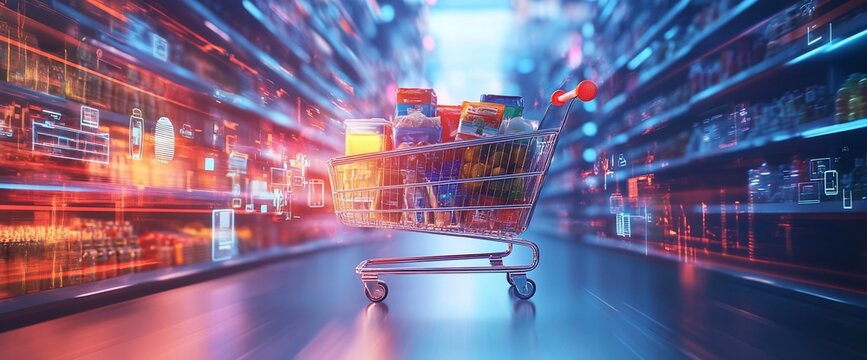 A shopping cart filled with groceries stands in the middle of a digital supermarket aisle.