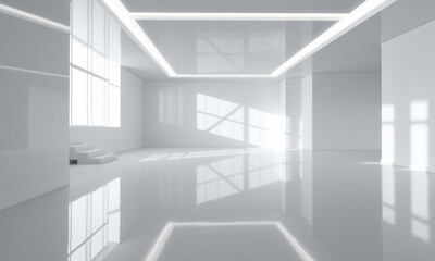 Fototapeta premium spacious modern white architecture room with sleek lines and bright lighting, creating serene and minimalist atmosphere. reflective surfaces enhance sense of openness and tranquility