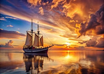 Fototapeta premium A majestic French fishing barque silhouetted against the golden hour sky.