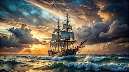 Fototapeta premium A majestic old sailing ship, tossed by dramatic sea waves, in a beautiful, historical artistic seascape.