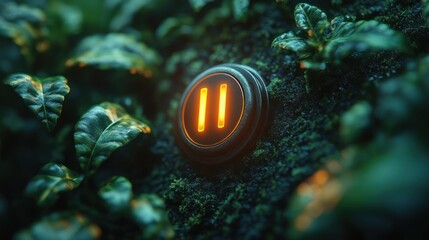 Glowing pause button surrounded by green leaves.