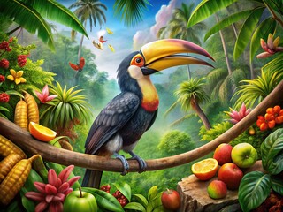 Obraz premium A Rhinoceros Hornbill Indulges on Tropical Fruits, Alongside Exotic Birds.