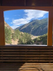 mountains and trees through train window