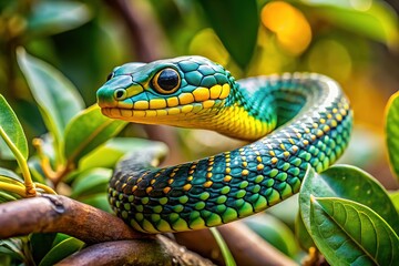 Fototapeta premium A spotted bush snake, a close-up detail in a small tree.