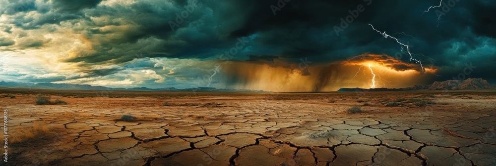 Poster dark clouds amass in the sky, bringing a thunderstorm that threatens the parched desert landscape do