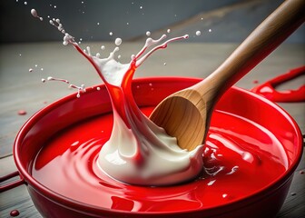 A striking red spatula mixes fresh milk in captivating 4K vertical footage, ideal for culinary projects and cooking themes, enhancing your kitchen visuals beautifully.