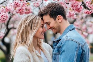 Fototapeta premium Smiling young couple, forehead to forehead, enjoying a romantic moment surrounded by blooming cherry blossoms in spring.