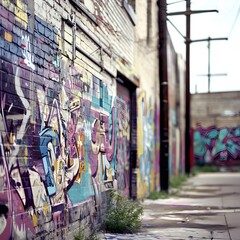 Naklejka premium Close-up of Graffiti-Covered Alley Wall with Bold Colors and Striking Patterns