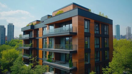 Obraz premium Modern apartment building with wood siding and large windows.