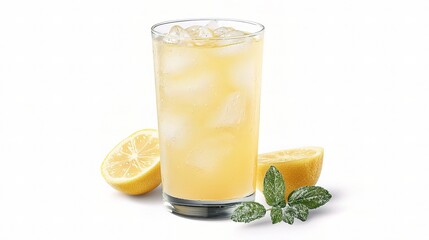 Fototapeta premium Refreshing glass of ice-cold lemonade with fresh lemon slices and mint leaves on a clean white background, perfect for summer thirst-quenching moments and beverage advertisements.
