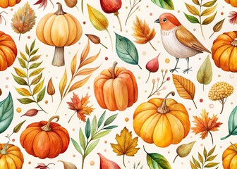 Fototapeta premium Autumn Seamless Pattern - Pumpkin, Mushroom, Bird, Leaves Watercolor Minimalist