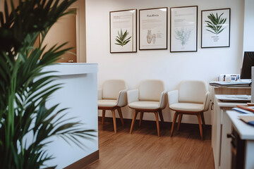 A modern waiting area with minimalist furniture and botanical art on the walls.