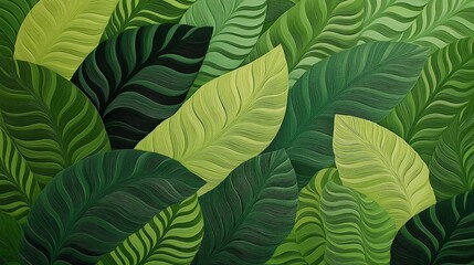 A vibrant display of various shades of green leaves, showcasing intricate textures and patterns that evoke a lush, natural environment.