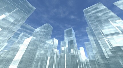 A low angle view of a futuristic city made of glass skyscrapers against a blue sky with clouds.