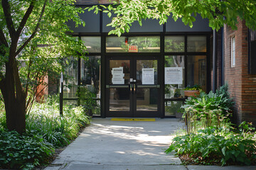 Entrance to a building surrounded by greenery and a pathway.