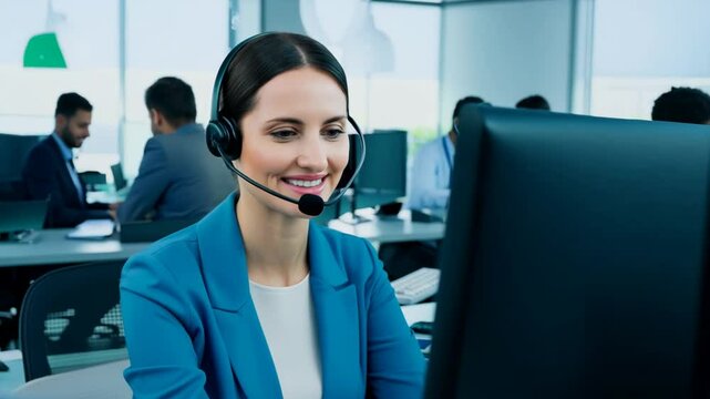 Cheerful Rep Working Late at Telecom Call Center Generative AI