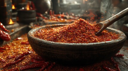 Closeup of a wooden spoon scooping red chili powder from a bowl with dried chilies on a table.