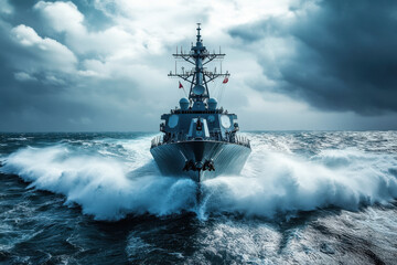 A powerful naval warship navigates through turbulent ocean waves under a dramatic, cloudy sky, showcasing strength and resilience at sea.