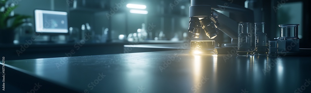 Poster a stylish laboratory scene showcasing a gleaming surface, test tubes, and subtle lighting that sugge