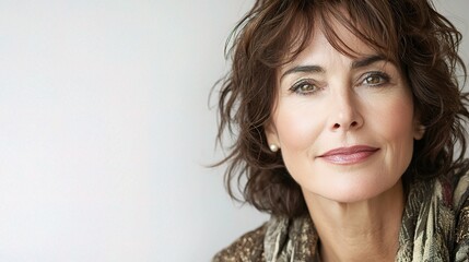 Fototapeta premium Mature Woman Portrait Exuding Happiness and Relaxation in a Soft and Inviting Setting, Perfect for Wellness and Lifestyle Themes
