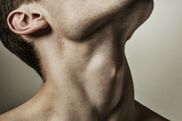 Close-up of a young Caucasian man's neck and Adam's apple, showcasing skin texture and light shadow contrast.