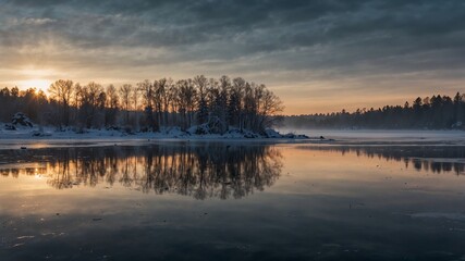 Fototapeta premium Snow-covered lake at sunset with winter forest reflection
