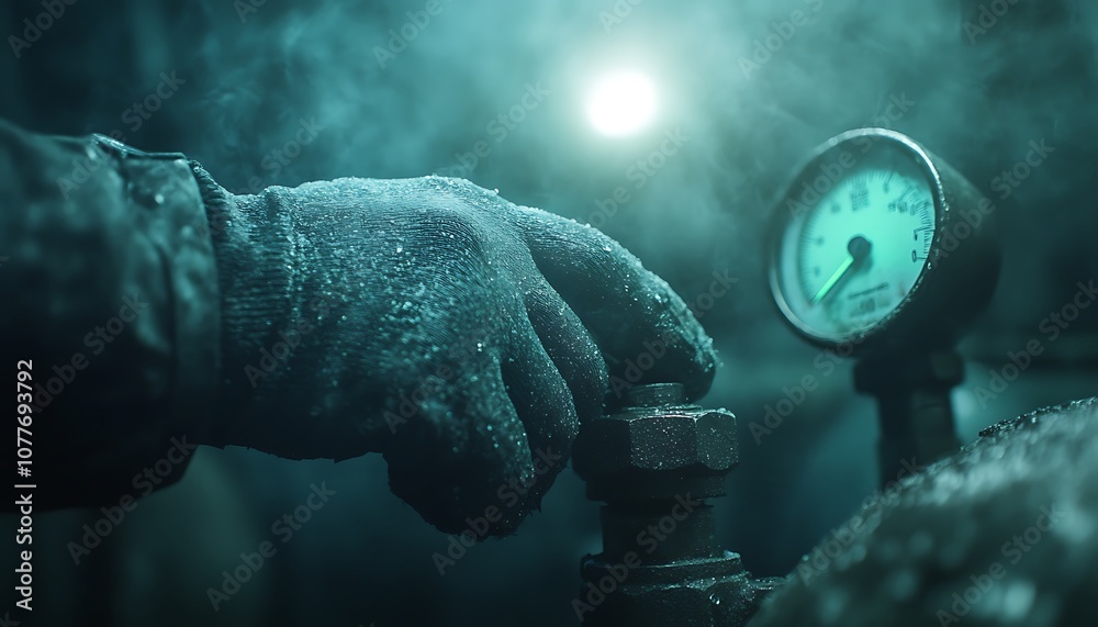 Poster A close-up of a gloved hand adjusting a gauge on a mysterious, foggy machine, surrounded by a cool, misty atmosphere.