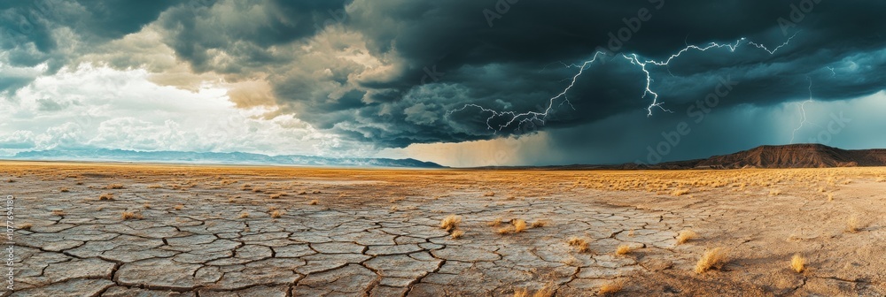 Poster dark clouds roll in over a dry, cracked desert, illuminating the sky with lightning strikes as a sto