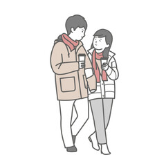 ドリンクを片手に腕をくむ冬服のカップルのイラスト