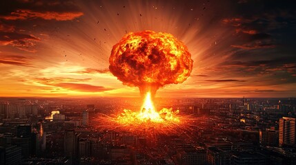 Illustration of a Nuclear Explosion with Bright Flames and Debris in a Cityscape, Capturing the Intensity and Impact of a Major Catastrophic Event in Stunning Detail