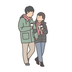 ドリンクを片手に腕をくむ冬服のカップルのイラスト