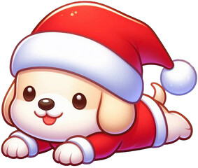산타옷을 입고 엎드려있는 강아지 일러스트