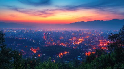 Obraz premium Cityscape at sunset with mountains in the background.