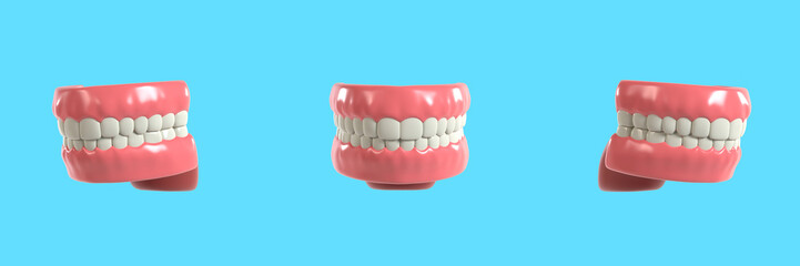 Set of Stylized Jaw with Teeth and Tongue 3D Illustration for Dental Health Concept