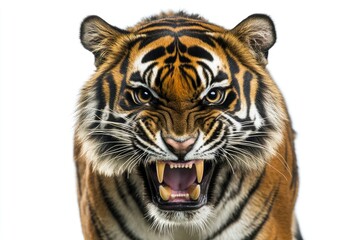 Obraz premium Close-up of a tiger's face with its mouth open, showing its sharp teeth and intense expression.