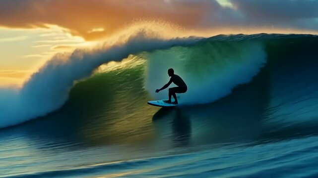 Surfer riding a large wave during sunset with glowing sun in the background