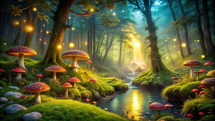Enchanting fireflies illuminate the forest, a magical night.