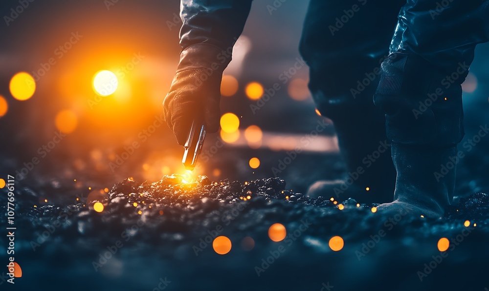 Poster a close-up of a gloved hand reaching for glowing embers in a dark environment, capturing the intensi