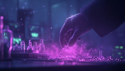 A hand reaching towards glowing purple particles amidst laboratory glassware, creating a mystical and scientific atmosphere.